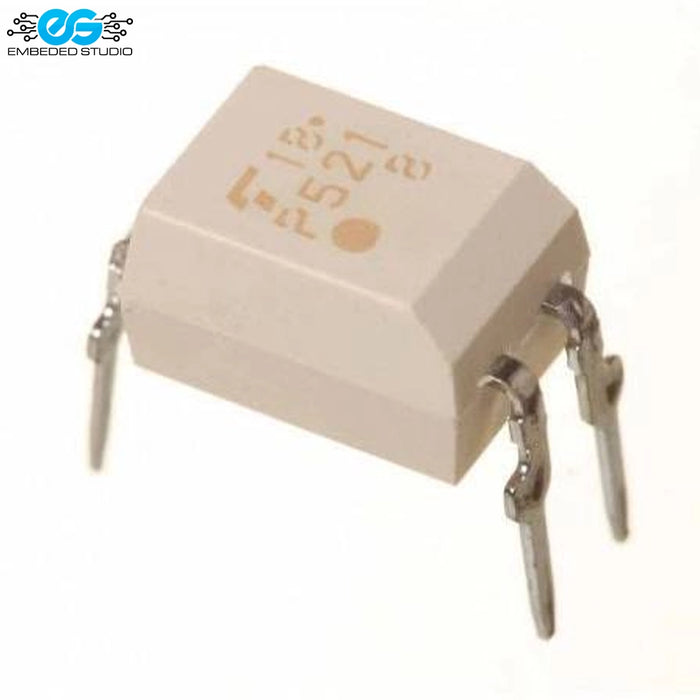 Toshiba TLP521 photocoupler integrated circuit in a 4-pin dual in-line DIP package on a white background.