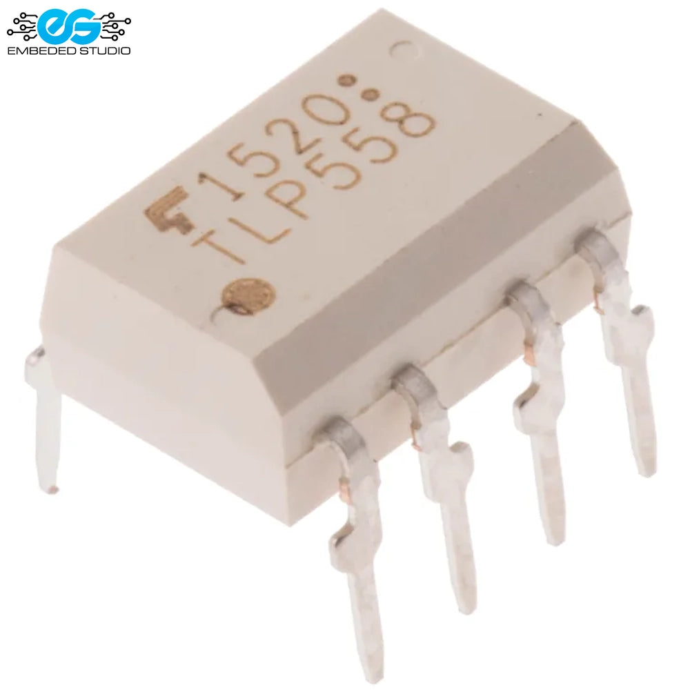 Toshiba TLP558 high-speed photocoupler integrated circuit with inverter logic output in an 8-pin dual in-line DIP package on a light gray background.
