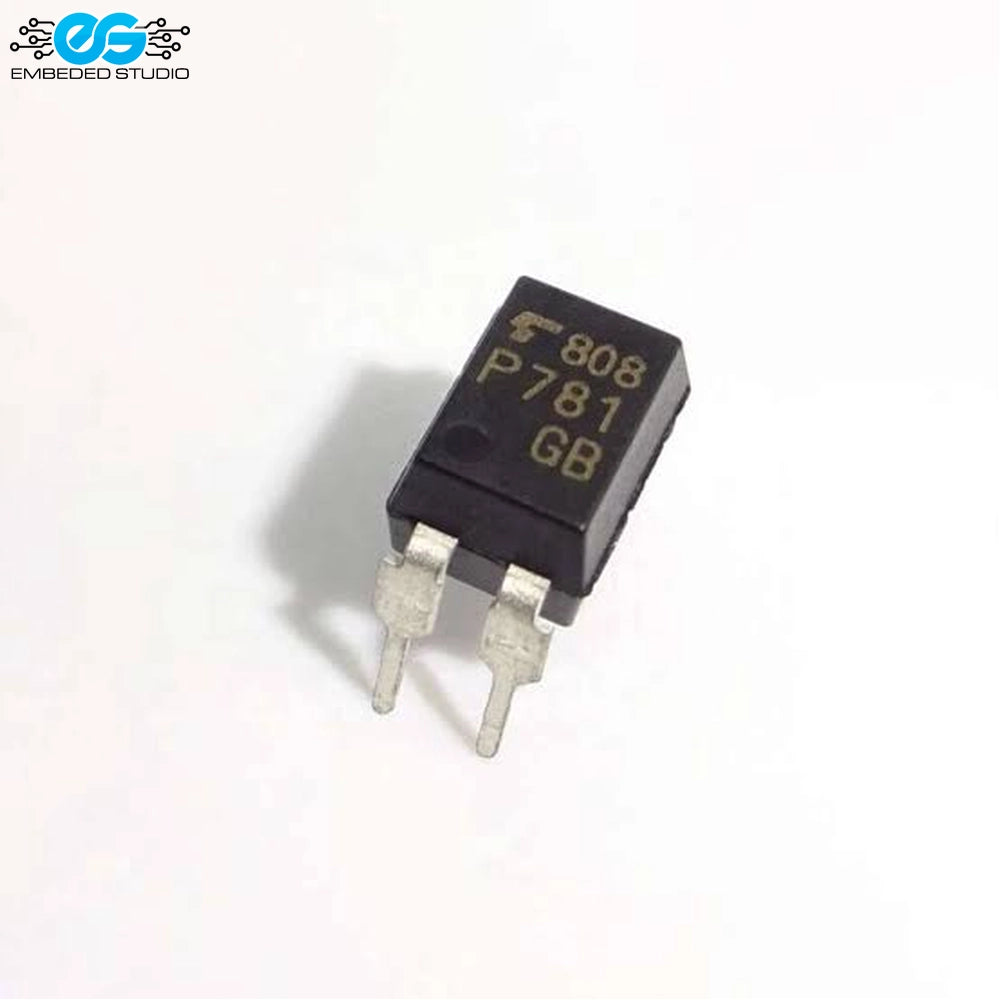Toshiba TLP781 (P781) single-channel photocoupler integrated circuit in a 4-pin dual in-line DIP package on a white background with Embedded Studio logo.