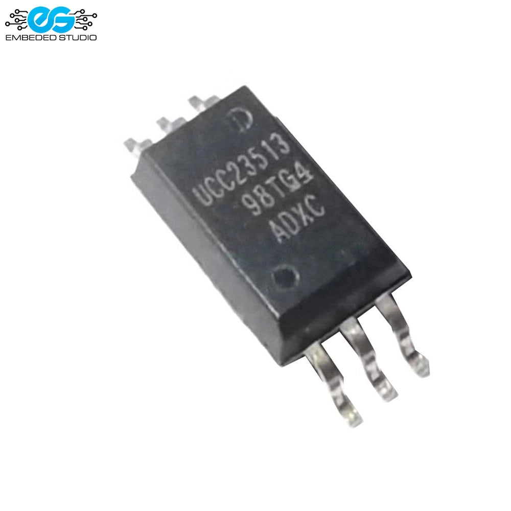 UCC23513DWYR opto-compatible single-channel isolated gate driver integrated circuit in a 6-pin SOIC surface-mount package, featuring Embedded Studio branding.