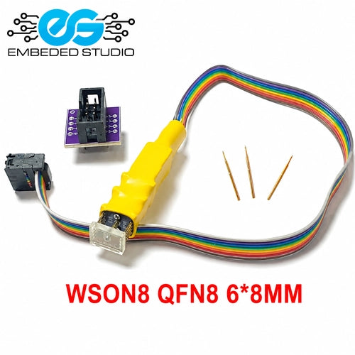 Embedded Studio WSON8 QFN8 6*8MM connector wire harness kit on a white background, featuring a yellow connector, rainbow ribbon cable, small black terminal blocks, and three gold metal pins.