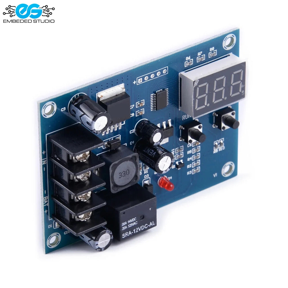 XH-M603 battery charging control module with digital LED display, screw terminal block, and 12V relay on a blue circuit board with Embedded Studio logo.
